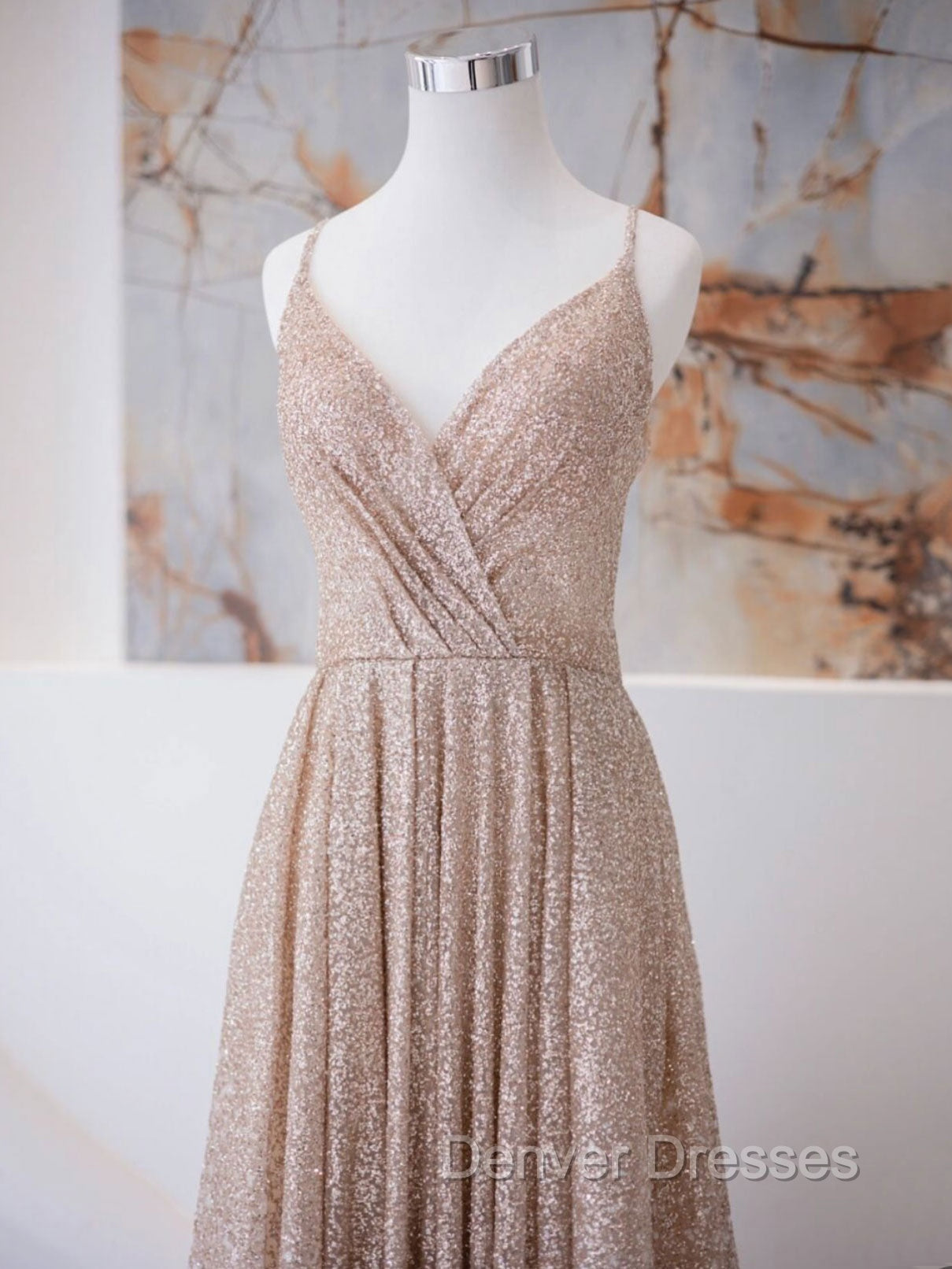 A Line V Neck Champagne Long Prom Dress, Shiny Tulle Champagne Evening Dress Secondary image