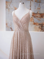 A Line V Neck Champagne Long Prom Dress, Shiny Tulle Champagne Evening Dress