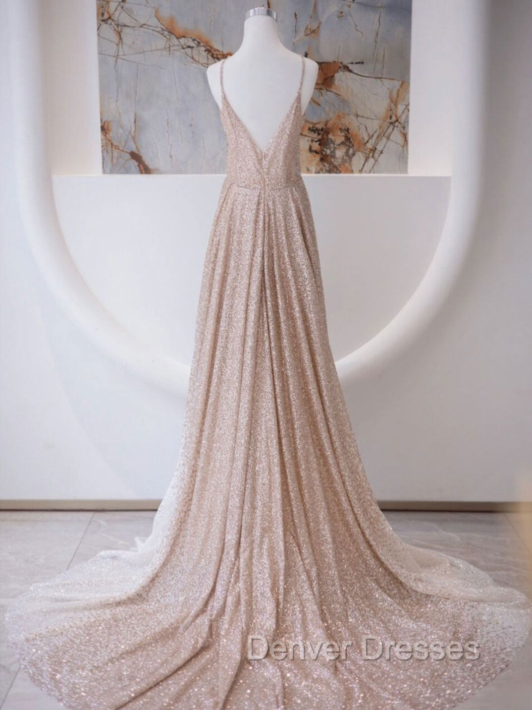 A Line V Neck Champagne Long Prom Dress, Shiny Tulle Champagne Evening Dress