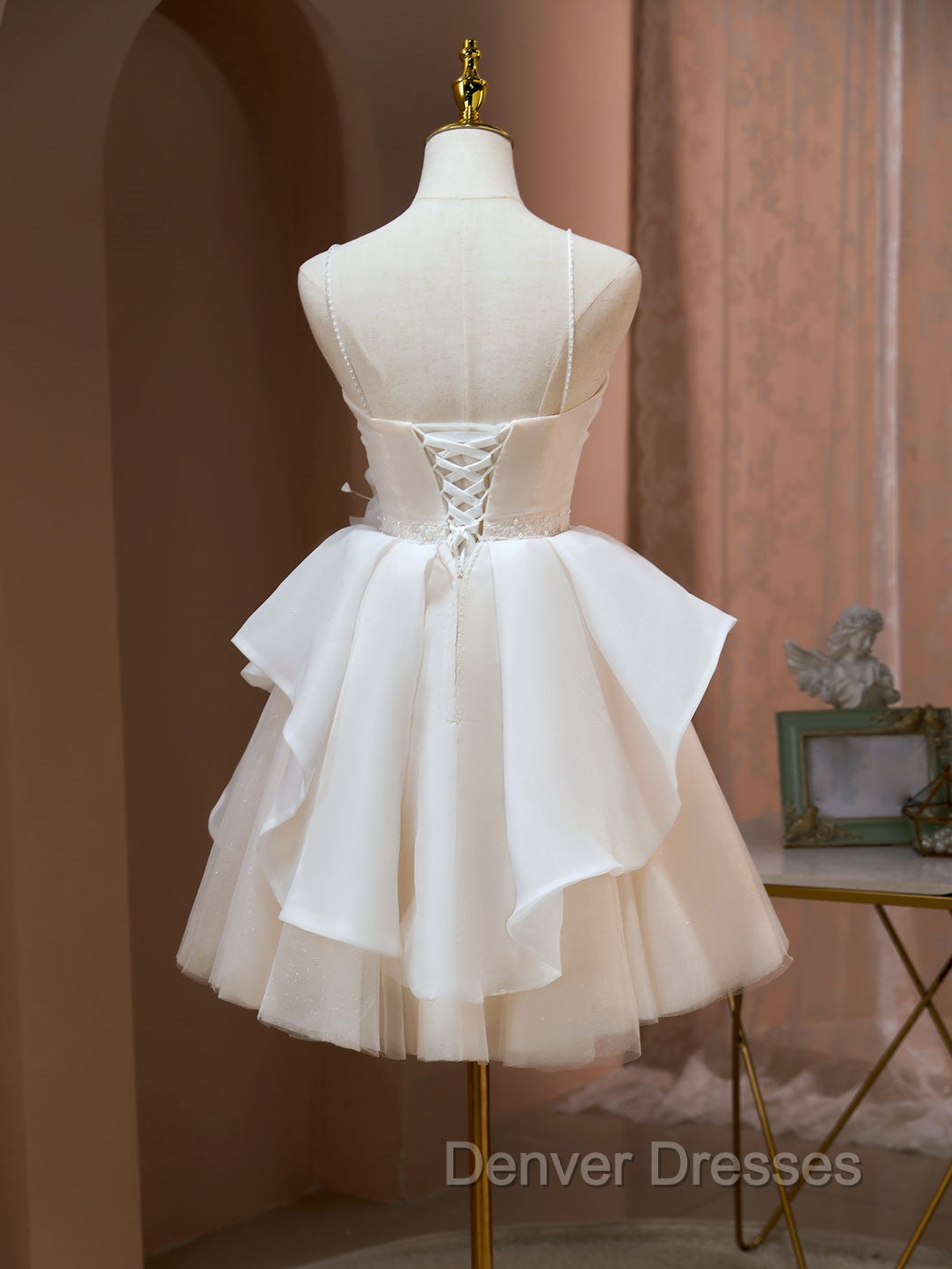 A Line V Neck Champagne Short Prom Dress, Formal Mini Gown Cute Puffy Homecoming Dress Secondary image