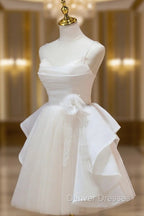 A Line V Neck Champagne Short Prom Dress, Formal Mini Gown Cute Puffy Homecoming Dress