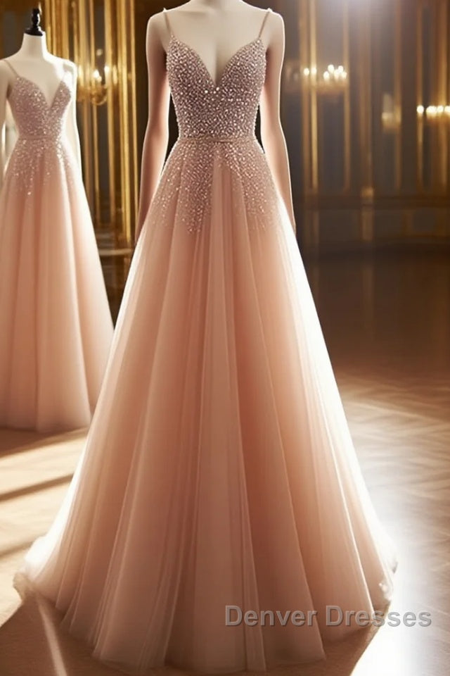 A Line V Neck Champagne Tulle Long Beaded Prom Dress, Champagne Long Formal Evening Dress Main image