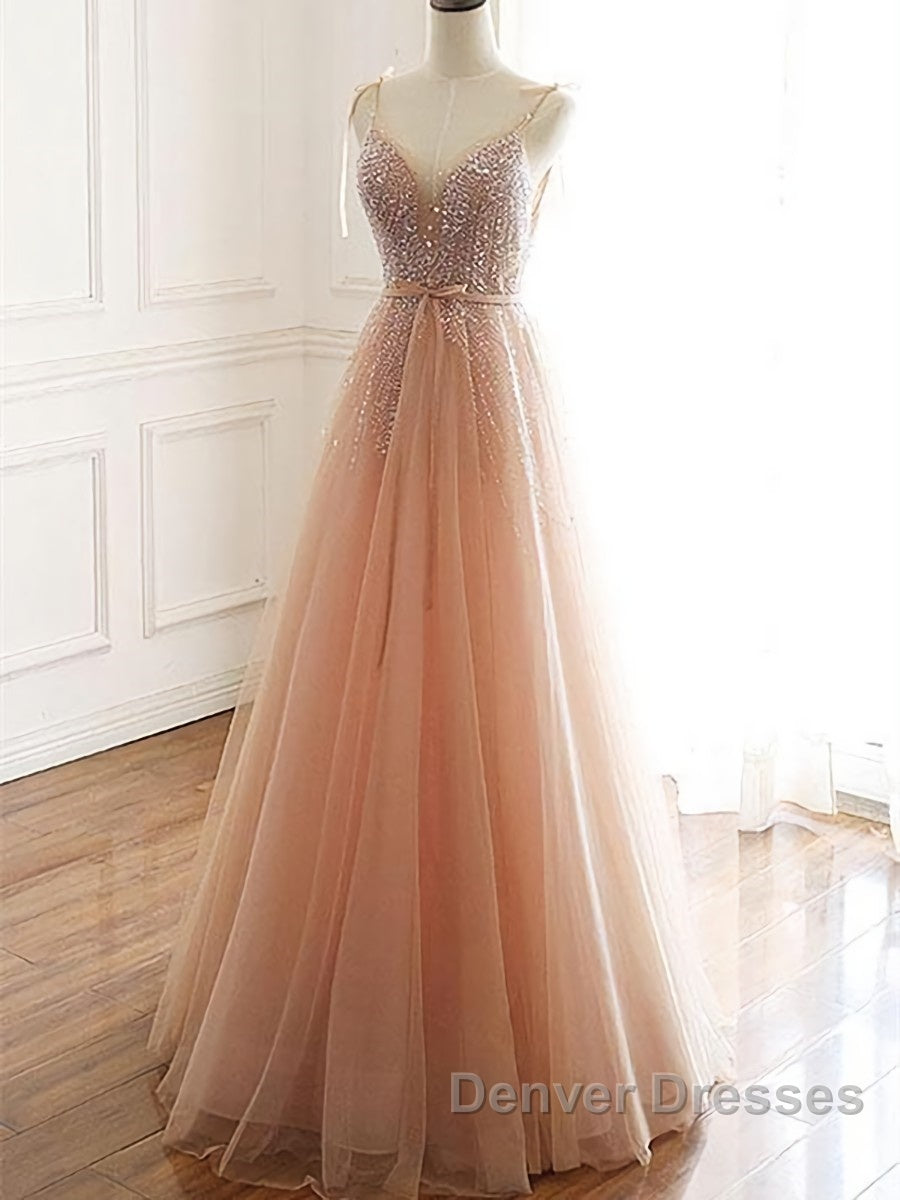 A Line V Neck Champagne Tulle Long Beaded Prom Dress, Champagne Long Formal Evening Dress Secondary image