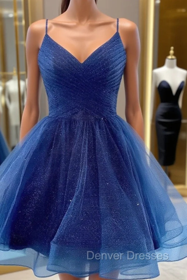 A Line V Neck Dark Blue Short Prom Dress, Short Blue Graduation Homecoming Cocktail Dress Main image