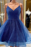 A Line V Neck Dark Blue Short Prom Dress, Short Blue Graduation Homecoming Cocktail Dress
