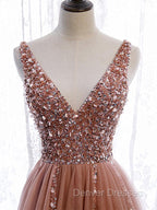 A Line V Neck Dark Pink Beaded Long Prom Dress, V Neck Pink Long Formal Graduation Dress