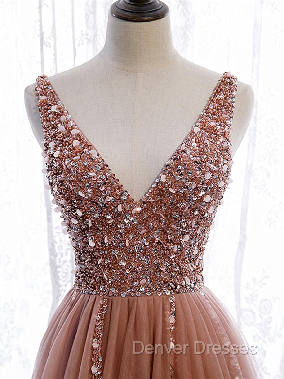 A Line V Neck Dark Pink Beaded Long Prom Dress, V Neck Pink Long Formal Graduation Dress