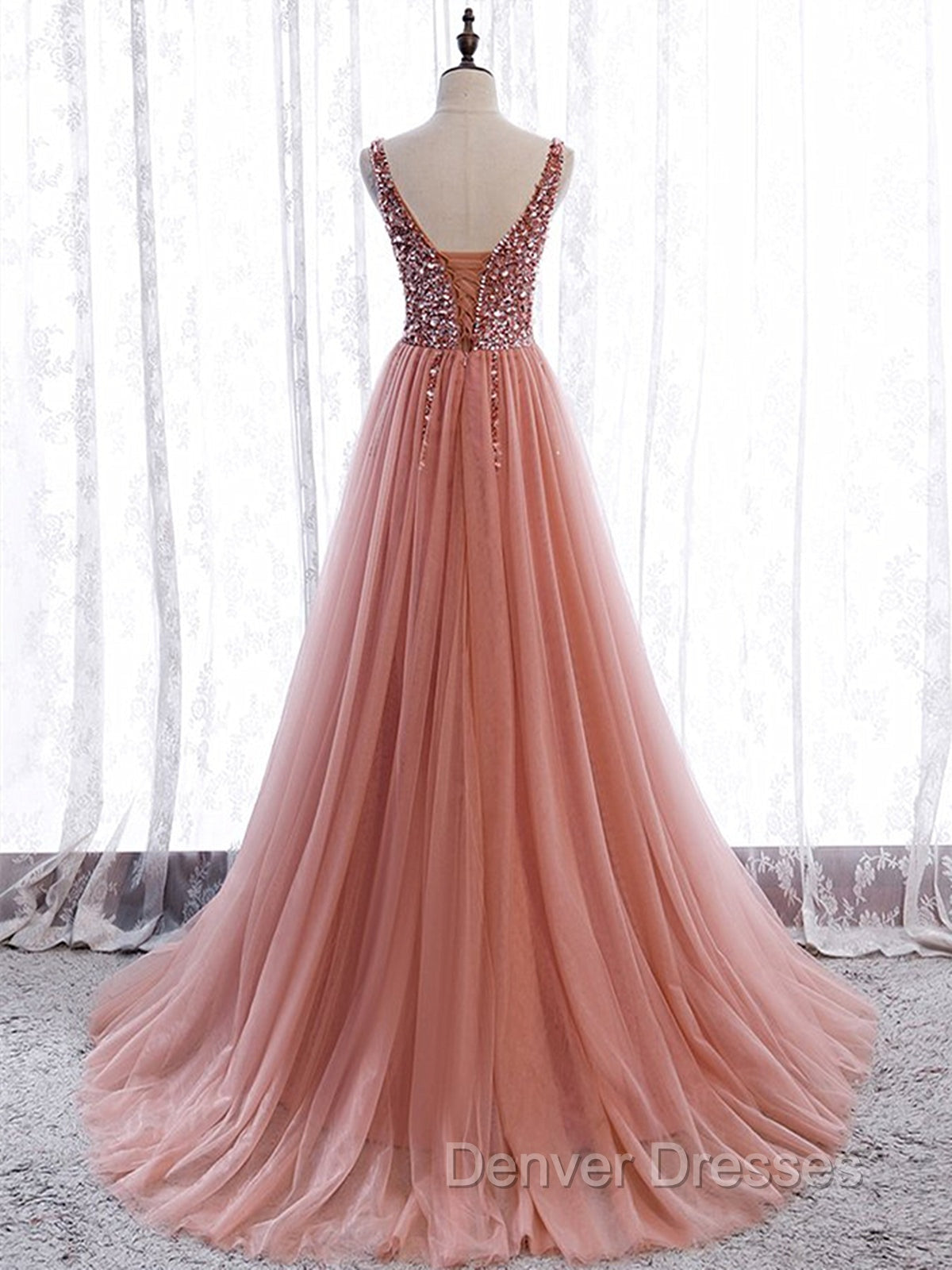 A Line V Neck Dark Pink Beaded Long Prom Dress, V Neck Pink Long Formal Graduation Dress Secondary image