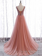A Line V Neck Dark Pink Beaded Long Prom Dress, V Neck Pink Long Formal Graduation Dress