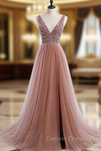 A Line V Neck Dark Pink Beaded Long Prom Dress, V Neck Pink Long Formal Graduation Dress