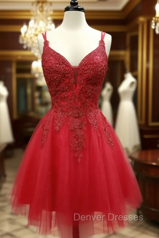 A Line V Neck Dark Red Lace Prom Dress, Dark Red Lace Formal Homecoming Dress Main image