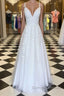 A Line V Neck Floor Length Lace White Long Prom Dress, White Lace Formal Dress, V Neck White Evening Dress
