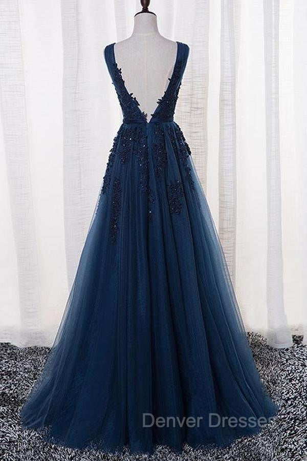 A-Line V-Neck Floor Length Navy Blue Prom Dress With Appliques Secondary image