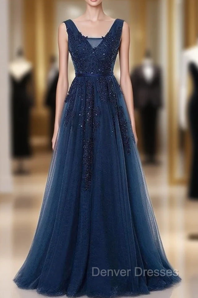 A-Line V-Neck Floor Length Navy Blue Prom Dress With Appliques Main image