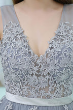 A-Line V-neck Floor-Length Tulle Appliqued Long Prom Dresses