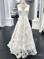 A Line V Neck Floral Lace Long Prom Dress
