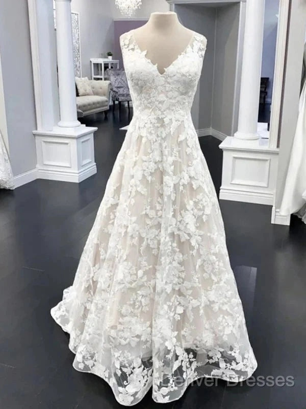 A Line V Neck Floral Lace Long Prom Dress