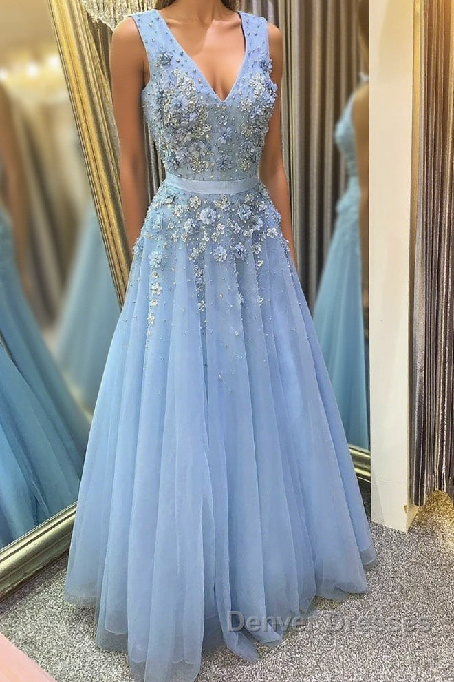 A Line V Neck Floral Light Blue Lace Long Prom Dress, Light Blue Lace Formal Graduation Evening Dress