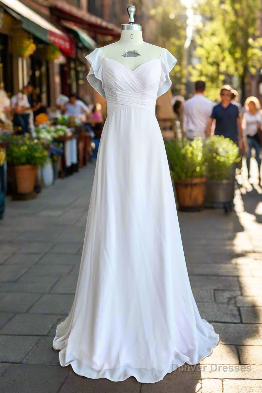 A-line V-Neck Flutter Sleeves Bridesmaid Dress Floor-Length Chiffon Wedding Dress With Ruffle Main image