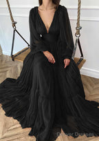 A-line V Neck Full/Long Sleeve Long/Floor-Length Chiffon Prom Dresses With Pleated
