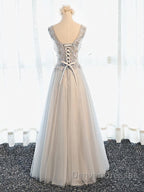 A Line V Neck Gray Floral Long Prom Dress, V Neck Gray Long Floral Formal Bridesmaid Dress