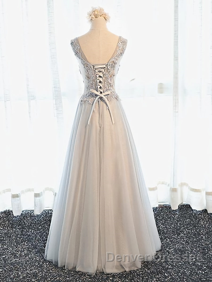A Line V Neck Gray Floral Long Prom Dress, V Neck Gray Long Floral Formal Bridesmaid Dress