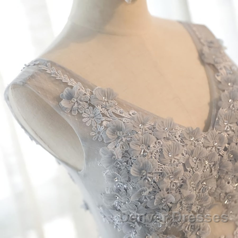 A Line V Neck Gray Floral Long Prom Dress, V Neck Gray Long Floral Formal Bridesmaid Dress