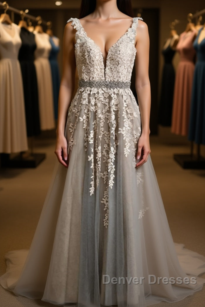 A Line V Neck Gray Lace Long Prom Dress with Belt, Gray Lace Floral Formal Dress, Gray Lace Evening Dress