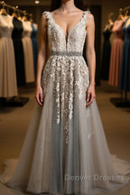 A Line V Neck Gray Lace Long Prom Dress with Belt, Gray Lace Floral Formal Dress, Gray Lace Evening Dress