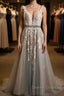 A Line V Neck Gray Lace Long Prom Dress with Belt, Gray Lace Floral Formal Dress, Gray Lace Evening Dress