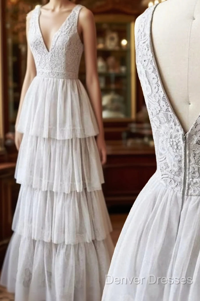 A Line V Neck Gray Lace Prom Dress, V Neck Gray Lace Formal Graduation Bridesmaid Dress Main image