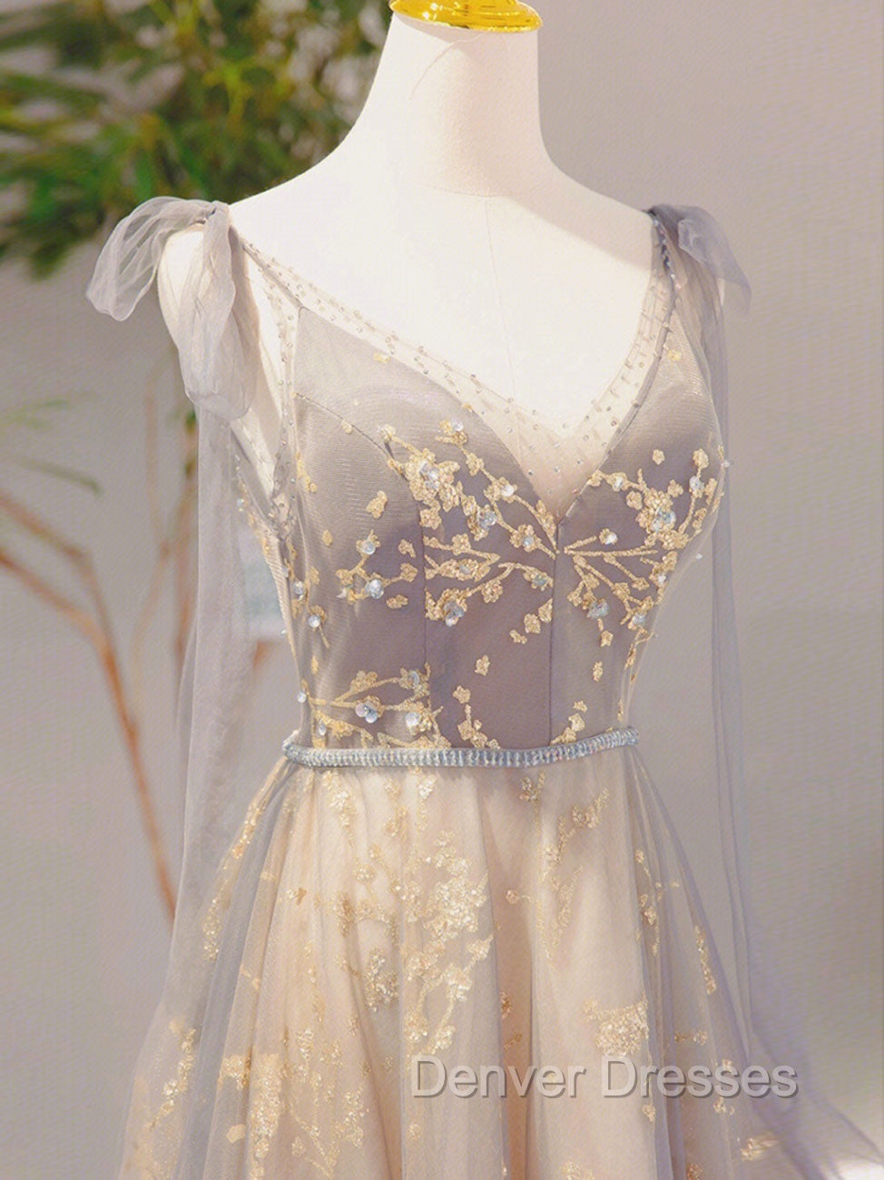 A-Line V Neck Gray Long Prom Dress, Tulle Sequin Lace Long Forma Dress