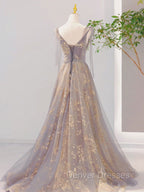 A-Line V Neck Gray Long Prom Dress, Tulle Sequin Lace Long Forma Dress