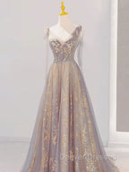 A-Line V Neck Gray Long Prom Dress, Tulle Sequin Lace Long Forma Dress