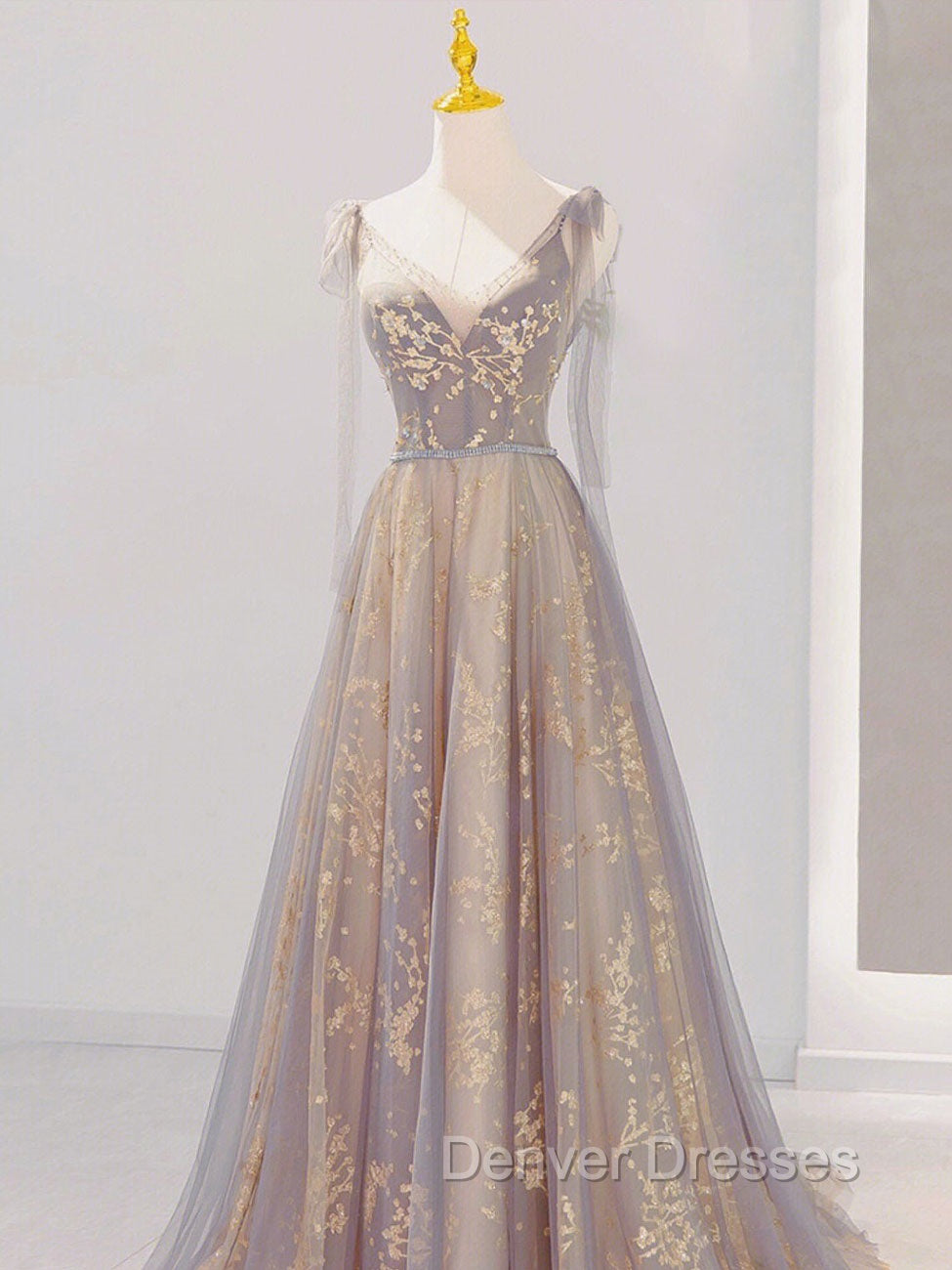 A-Line V Neck Gray Long Prom Dress, Tulle Sequin Lace Long Forma Dress