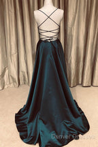A Line V Neck Green/Blue Backless Long Prom Dress, V Neck Backless Green/Blue Formal Graduation Evening Dress