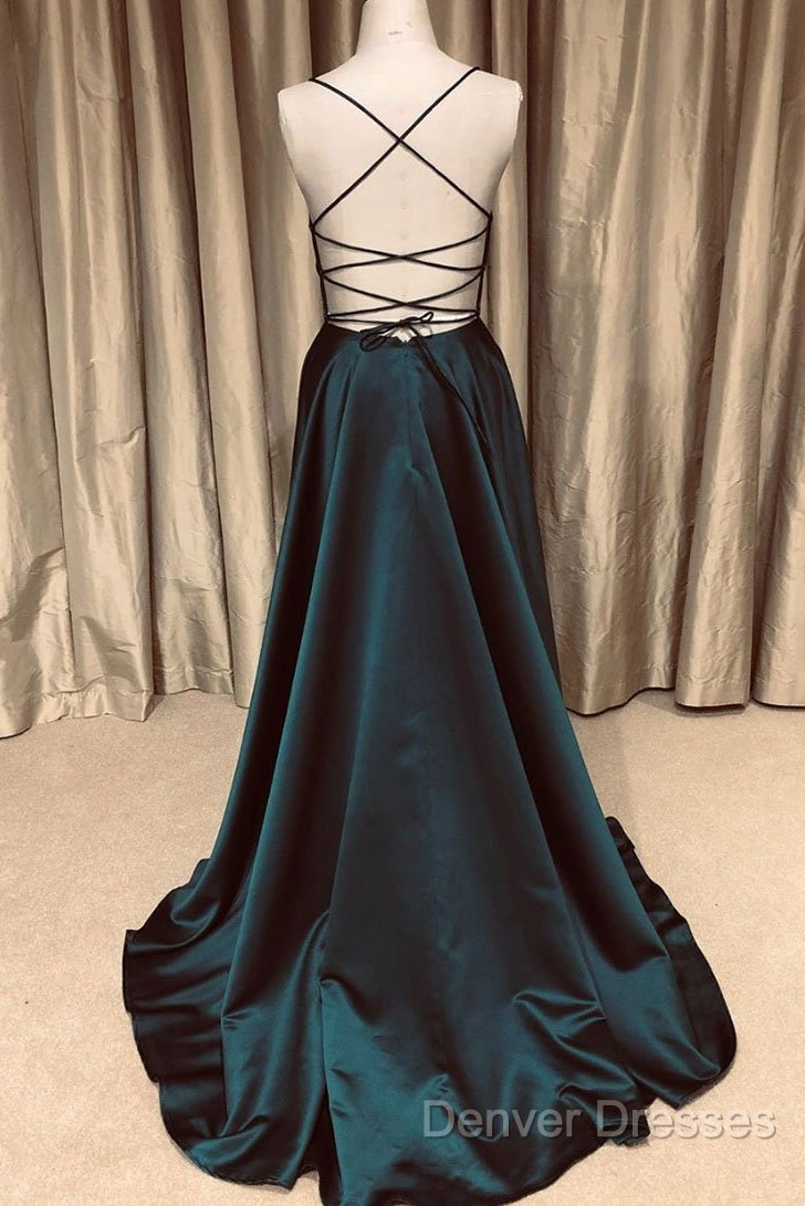 A Line V Neck Green/Blue Backless Long Prom Dress, V Neck Backless Green/Blue Formal Graduation Evening Dress