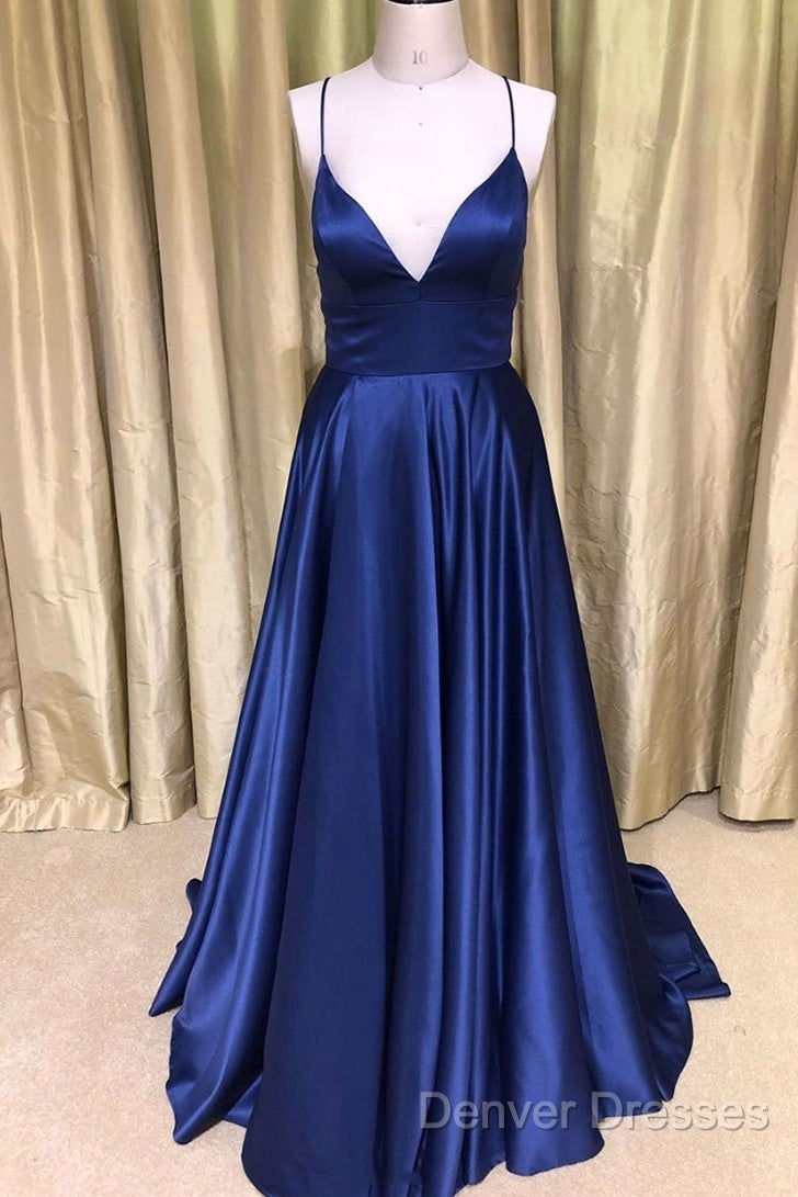 A Line V Neck Green/Blue Backless Long Prom Dress, V Neck Backless Green/Blue Formal Graduation Evening Dress