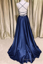 A Line V Neck Green/Blue Backless Long Prom Dress, V Neck Backless Green/Blue Formal Graduation Evening Dress