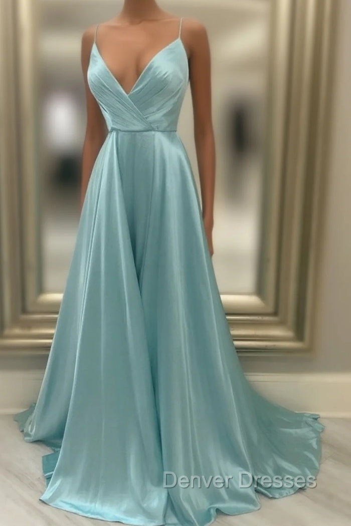 A Line V Neck Green Satin Long Prom Dress, Green V Neck Long Formal Evening Dress