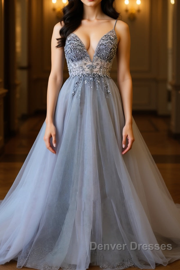 A Line V Neck Grey Beaded Long Prom Dress with Split, Grey Beaded Formal Graduation Evening Dress Main image