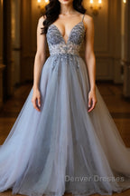 A Line V Neck Grey Beaded Long Prom Dress with Split, Grey Beaded Formal Graduation Evening Dress
