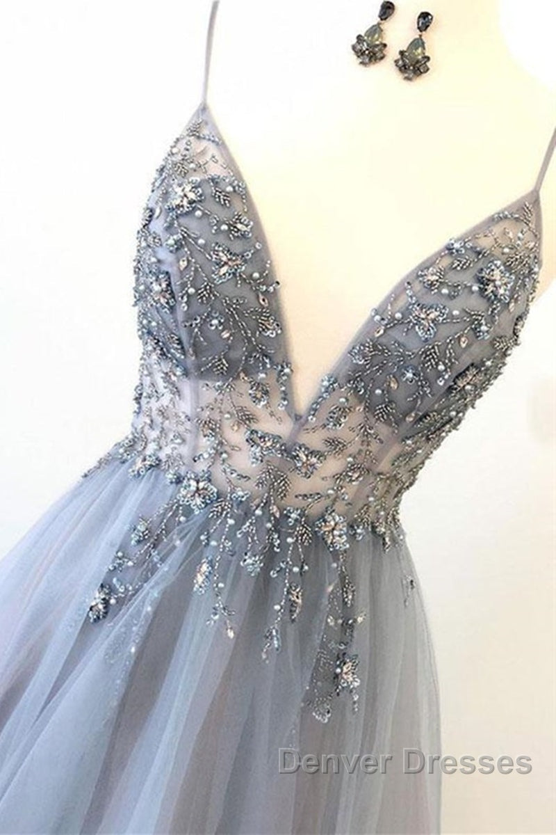 A Line V Neck Grey Beaded Long Prom Dress with Split, Grey Beaded Formal Graduation Evening Dress Secondary image