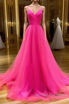 A Line V Neck Hot Pink Long Prom Dress, V Neck Hot Pink Long Formal Evening Dress