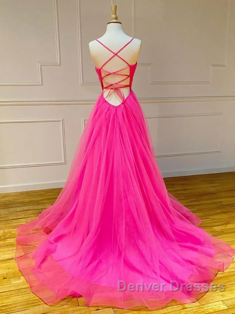 A Line V Neck Hot Pink Long Prom Dress, V Neck Hot Pink Long Formal Evening Dress Secondary image