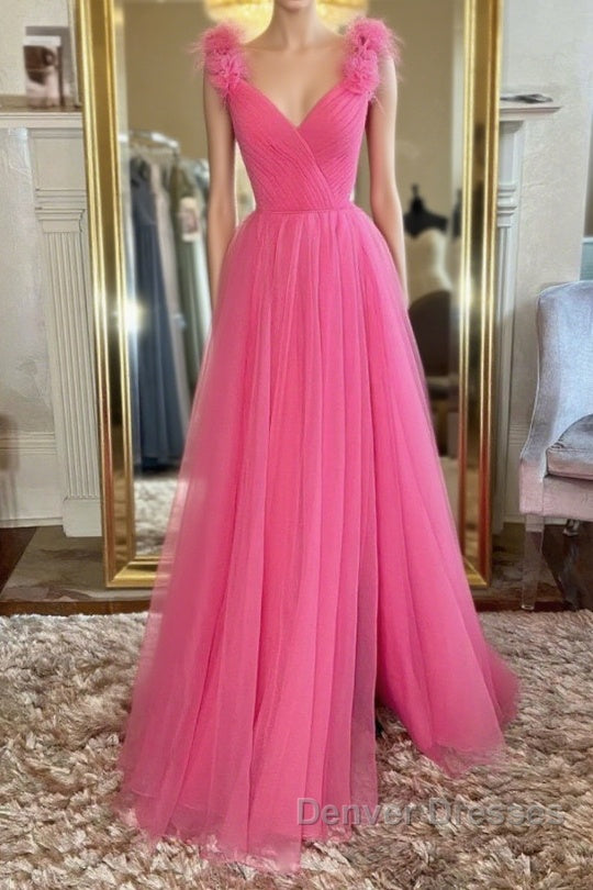 A Line V Neck Hot Pink Tulle Long Prom Dress with Slit, Hot Pink Formal Graduation Evening Dress