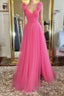 A Line V Neck Hot Pink Tulle Long Prom Dress with Slit, Hot Pink Formal Graduation Evening Dress
