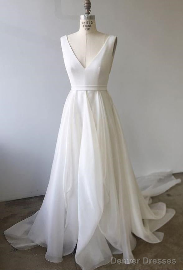 A-Line V Neck Ivory Prom Dresses Wedding Dresses With Court Train Main image