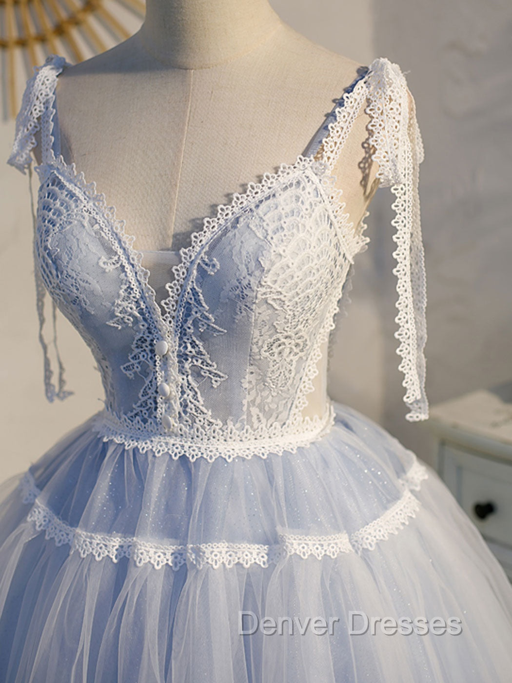 A Line V Neck Lace Blue Short Prom Dress, Blue Puffy Homecoming Dress Secondary image