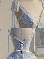 A Line V Neck Lace Blue Short Prom Dress, Blue Puffy Homecoming Dress